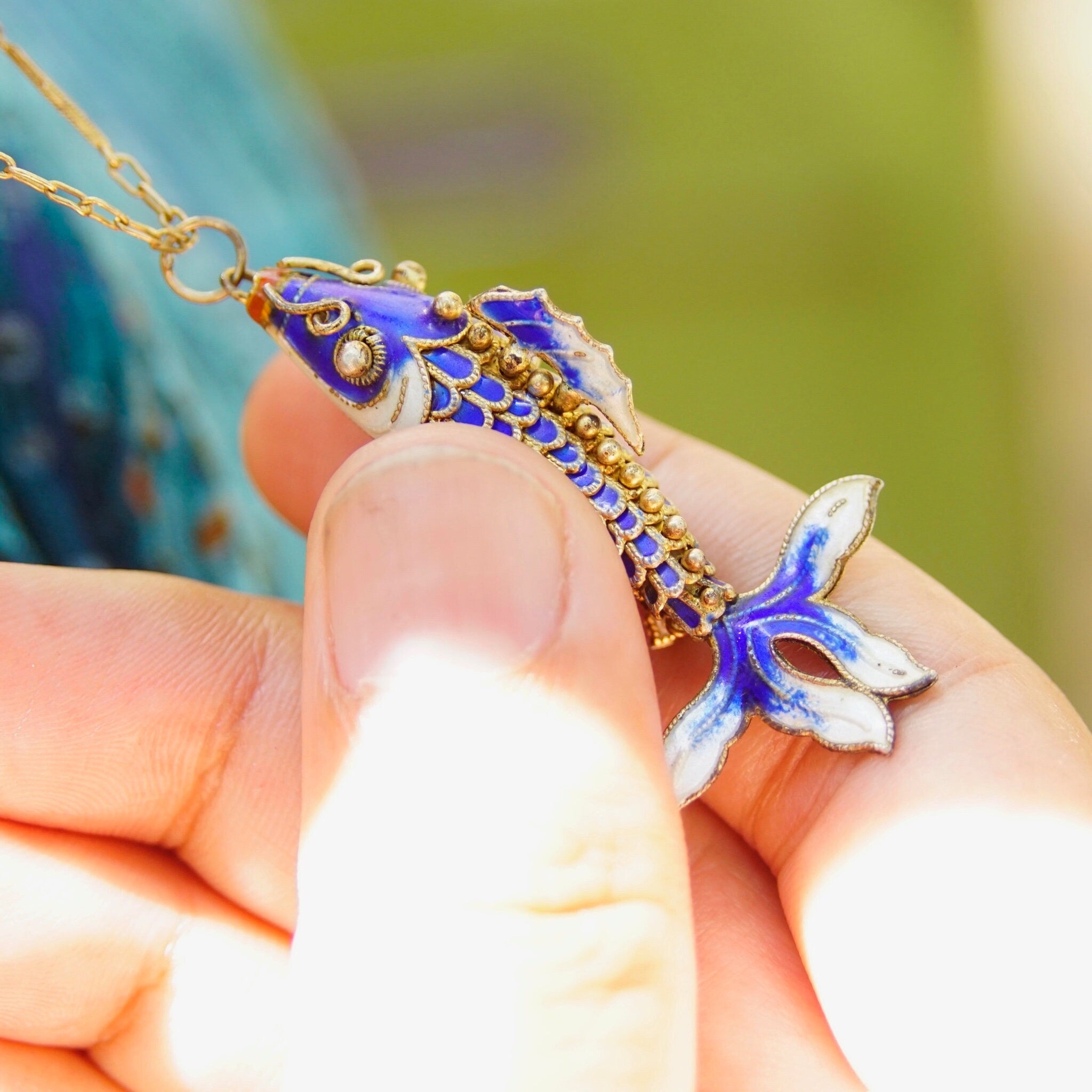 Vintage Chinese Cloisonne Enamel Koi Fish Pendant Necklace, Articulated Blue Enamel Pendant With Matching Gold Tone Chain, 23" Long