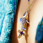 Vintage Chinese Cloisonne Enamel Koi Fish Pendant Necklace, Articulated Blue Enamel Pendant With Matching Gold Tone Chain, 23" Long