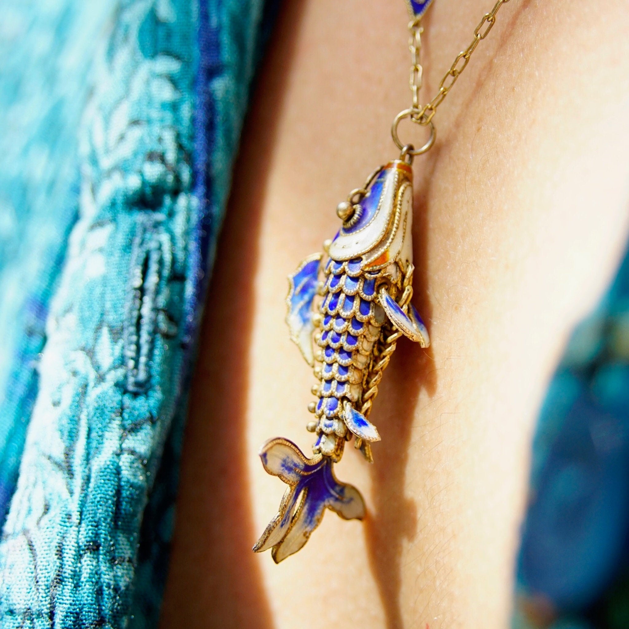 Vintage Chinese Cloisonne Enamel Koi Fish Pendant Necklace, Articulated Blue Enamel Pendant With Matching Gold Tone Chain, 23" Long
