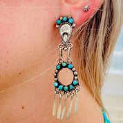 Vintage Zuni Native American Turquoise Dangle Clip On Earrings, Ornate Cut Out, Natural Blue Turquoise, Silver Tassels, Statement Earrings