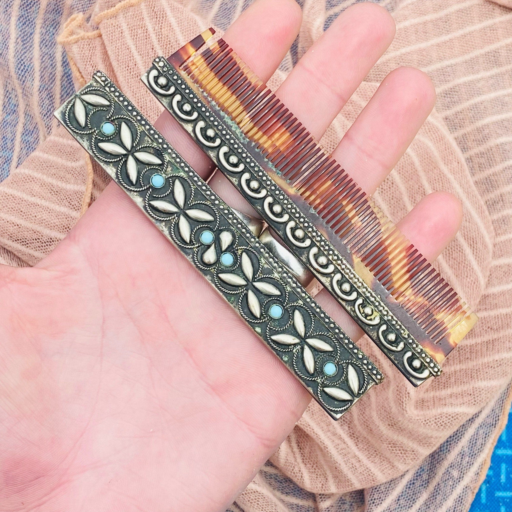 Antique Calico Comb In Silver & Turquoise Holder, Vintage Fine Tooth Comb, Ornate Silver Case With Bezel Set Turquoise Stones, Hair Compact