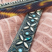 Antique Calico Comb In Silver & Turquoise Holder, Vintage Fine Tooth Comb, Ornate Silver Case With Bezel Set Turquoise Stones, Hair Compact