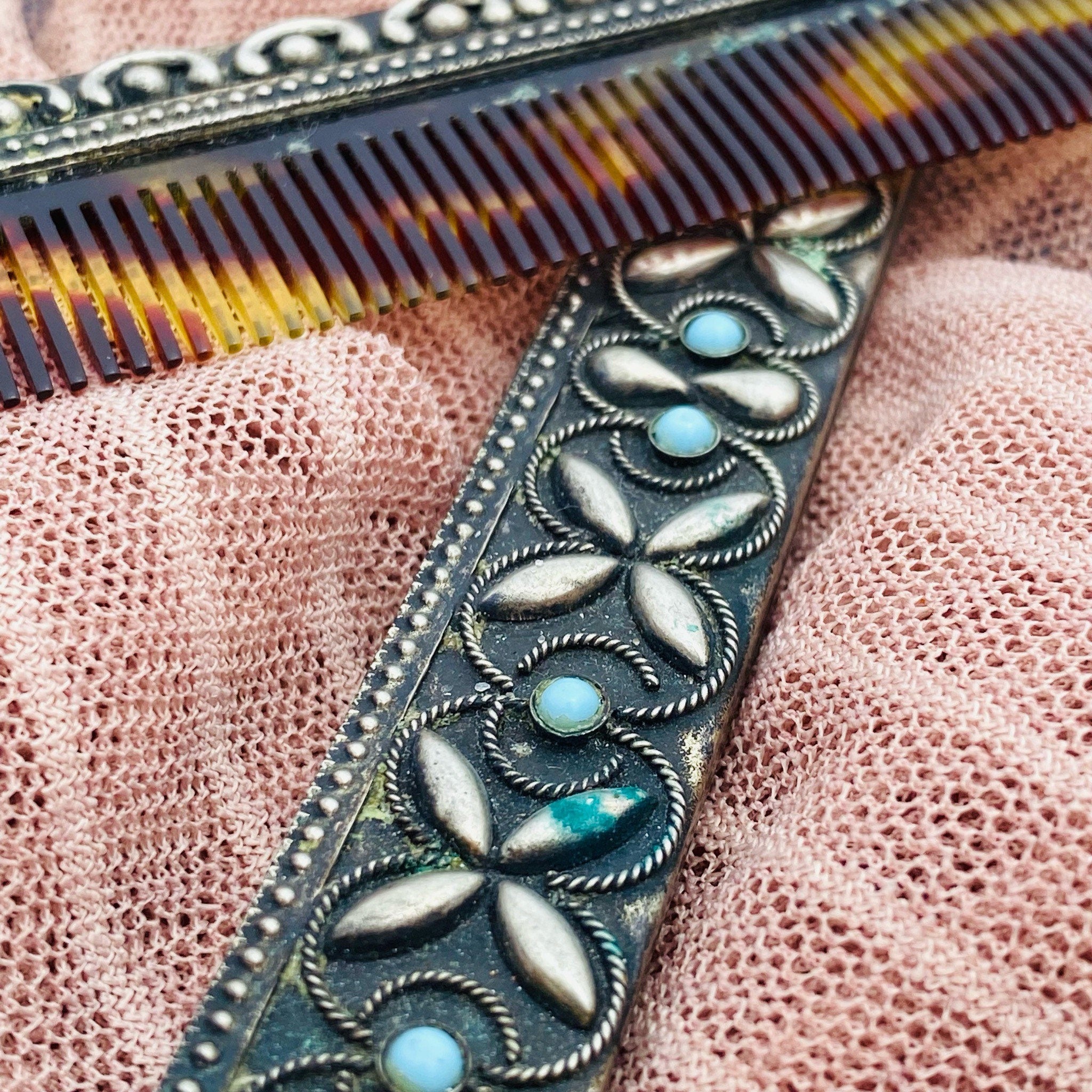 Antique Calico Comb In Silver & Turquoise Holder, Vintage Fine Tooth Comb, Ornate Silver Case With Bezel Set Turquoise Stones, Hair Compact