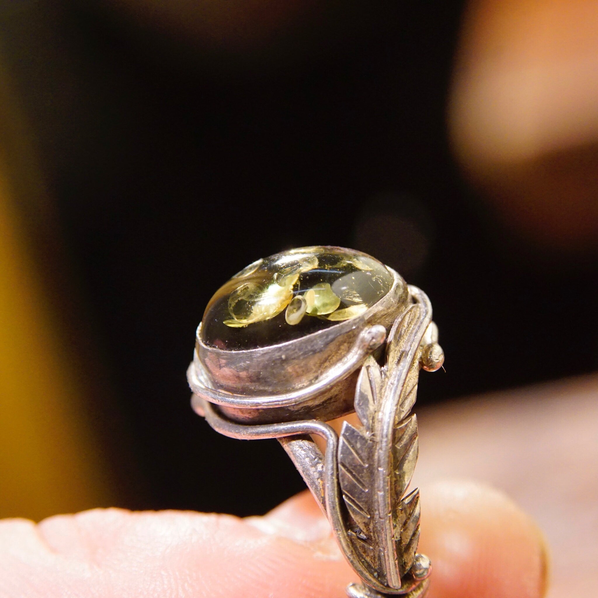 Vintage Green Baltic Amber Sterling Silver Ring, Natural Amber With Beautiful Inclusions, Silver Leaf/Feather Design, 925 Ring, 7 3/4 US