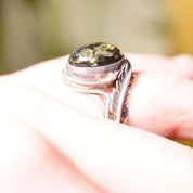 Vintage Green Baltic Amber Sterling Silver Ring, Natural Amber With Beautiful Inclusions, Silver Leaf/Feather Design, 925 Ring, 7 3/4 US