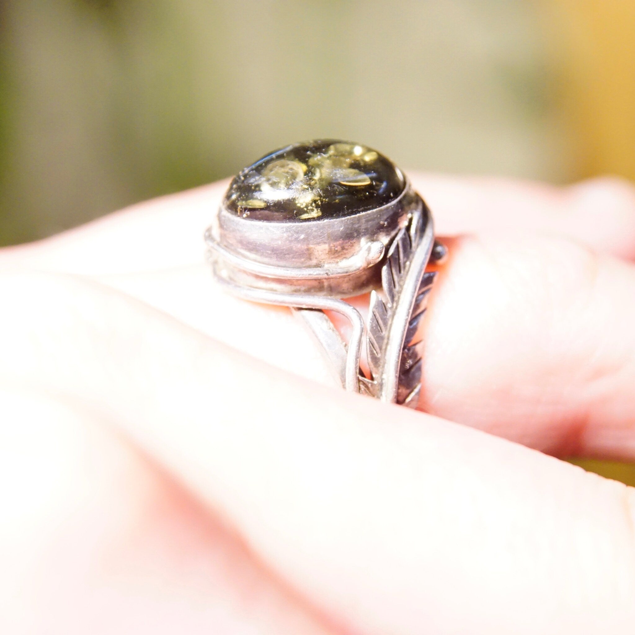 Vintage Green Baltic Amber Sterling Silver Ring, Natural Amber With Beautiful Inclusions, Silver Leaf/Feather Design, 925 Ring, 7 3/4 US