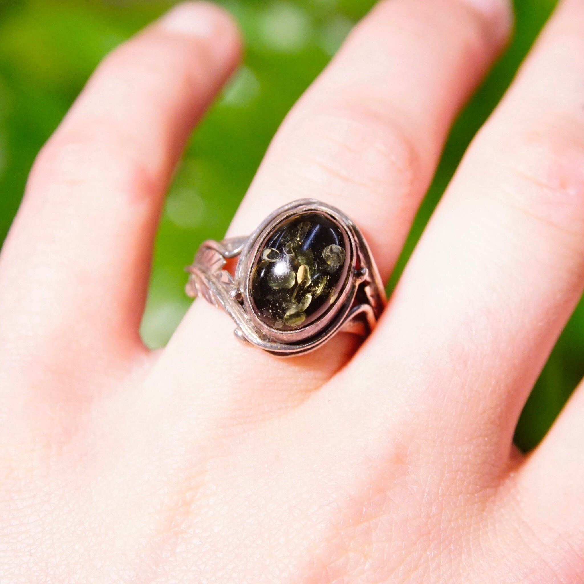 Vintage Green Baltic Amber Sterling Silver Ring, Natural Amber With Beautiful Inclusions, Silver Leaf/Feather Design, 925 Ring, 7 3/4 US