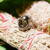 Vintage Green Baltic Amber Sterling Silver Ring, Natural Amber With Beautiful Inclusions, Silver Leaf/Feather Design, 925 Ring, 7 3/4 US