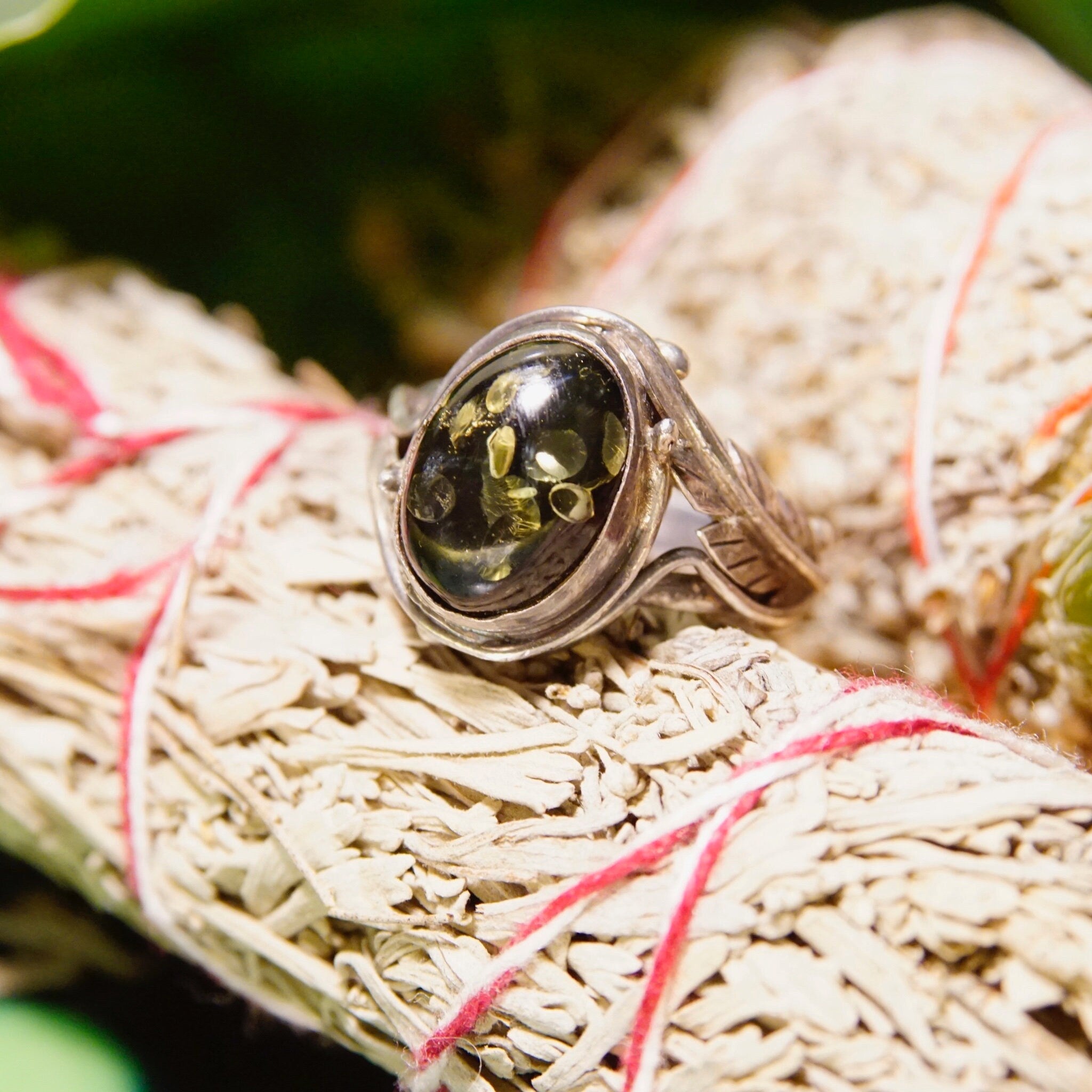 Vintage Green Baltic Amber Sterling Silver Ring, Natural Amber With Beautiful Inclusions, Silver Leaf/Feather Design, 925 Ring, 7 3/4 US