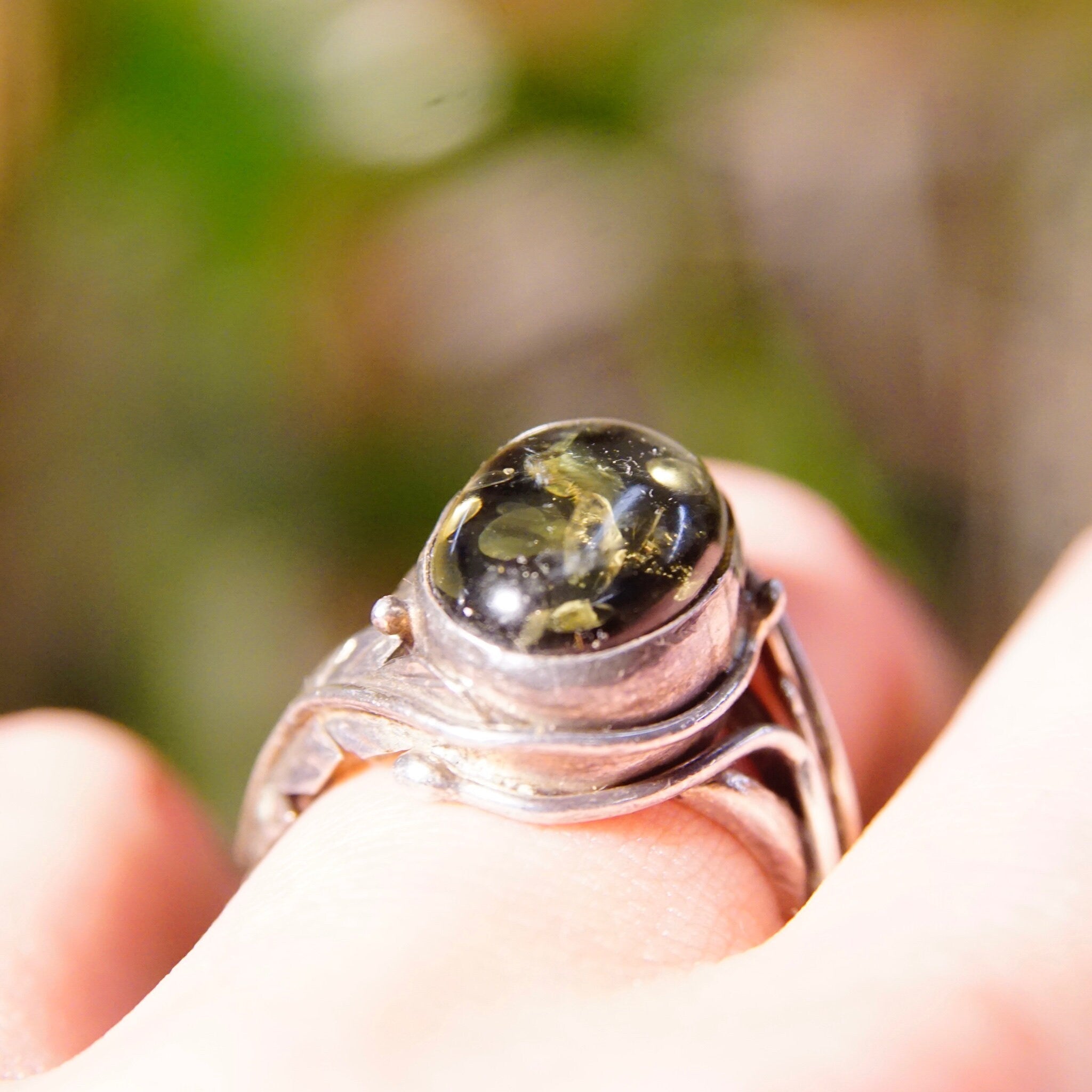 Vintage Green Baltic Amber Sterling Silver Ring, Natural Amber With Beautiful Inclusions, Silver Leaf/Feather Design, 925 Ring, 7 3/4 US