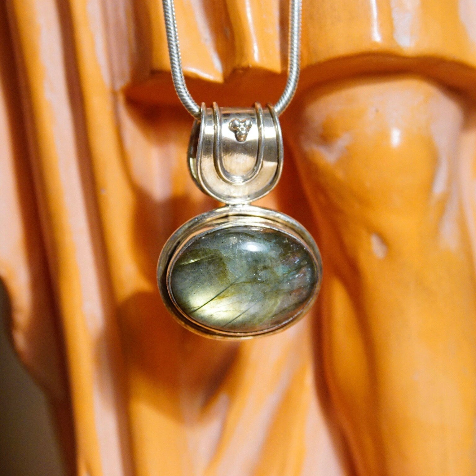 Vintage Sterling Silver Labradorite Pendant Necklace, 1.5mm Snake Chain Necklace, Iridescent Labradorite Stone, Large Bail, 24" Long