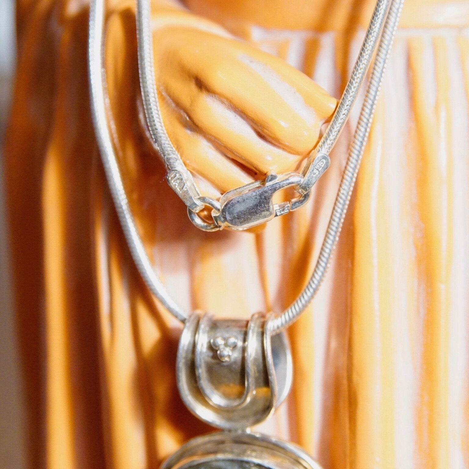 Vintage Sterling Silver Labradorite Pendant Necklace, 1.5mm Snake Chain Necklace, Iridescent Labradorite Stone, Large Bail, 24" Long