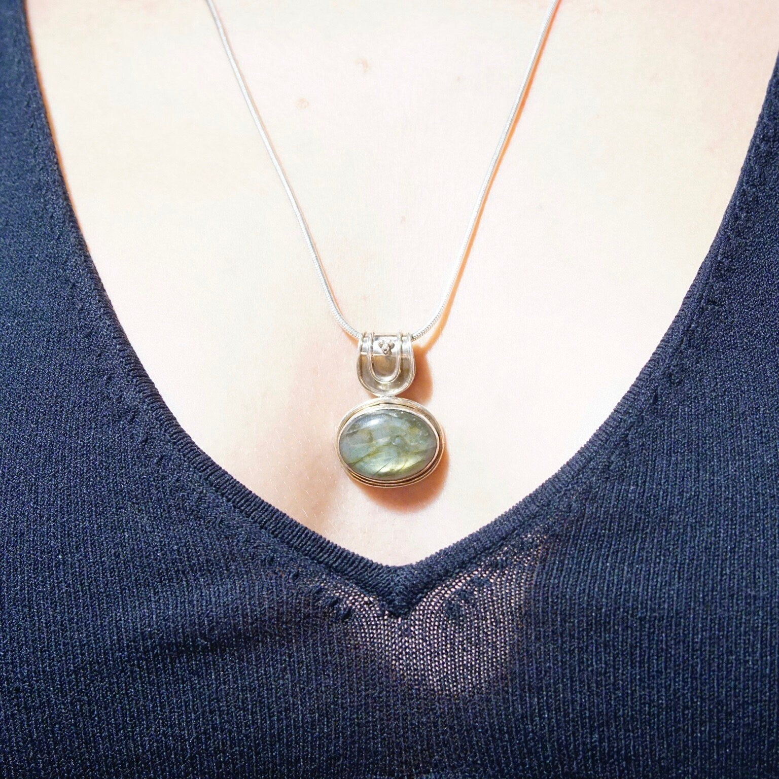 Vintage Sterling Silver Labradorite Pendant Necklace, 1.5mm Snake Chain Necklace, Iridescent Labradorite Stone, Large Bail, 24" Long