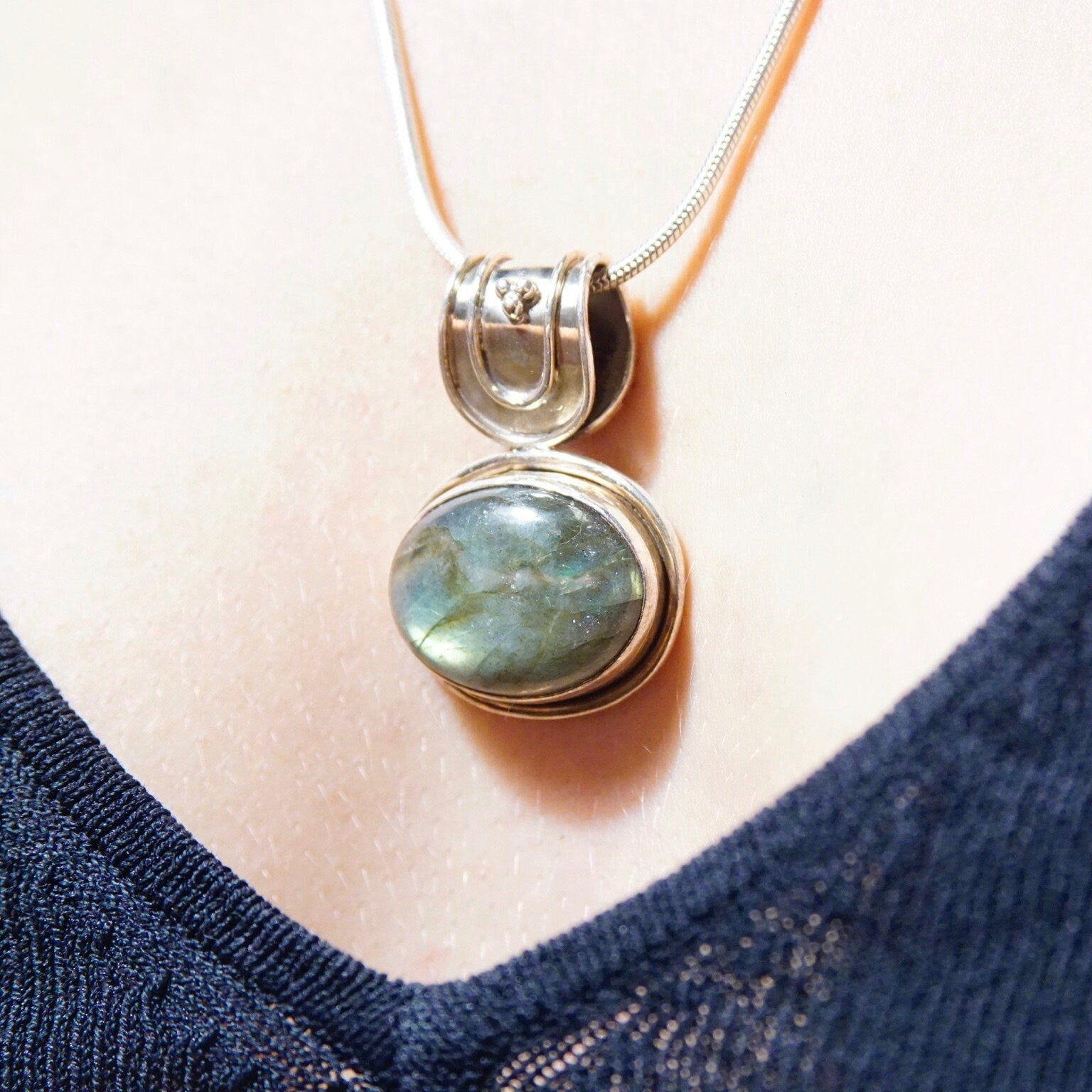 Vintage Sterling Silver Labradorite Pendant Necklace, 1.5mm Snake Chain Necklace, Iridescent Labradorite Stone, Large Bail, 24" Long