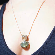 Vintage Sterling Silver Labradorite Pendant Necklace, 1.5mm Snake Chain Necklace, Iridescent Labradorite Stone, Large Bail, 24" Long