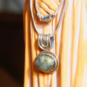 Vintage Sterling Silver Labradorite Pendant Necklace, 1.5mm Snake Chain Necklace, Iridescent Labradorite Stone, Large Bail, 24" Long