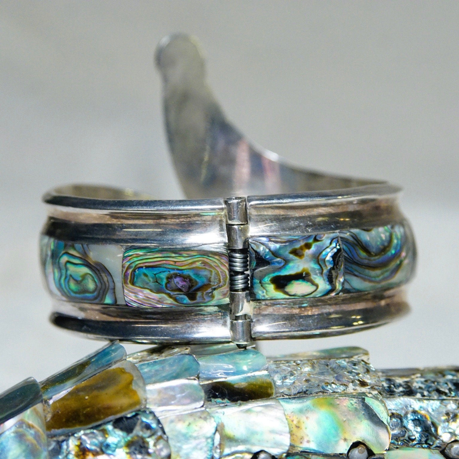 Vintage TAXCO Sterling Silver Abalone Hinge Cuff, Iridescent Shell Inlay Bracelet, Large Ornate Silver Cuff Bracelet, Statement Jewelry