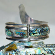 Vintage TAXCO Sterling Silver Abalone Hinge Cuff, Iridescent Shell Inlay Bracelet, Large Ornate Silver Cuff Bracelet, Statement Jewelry