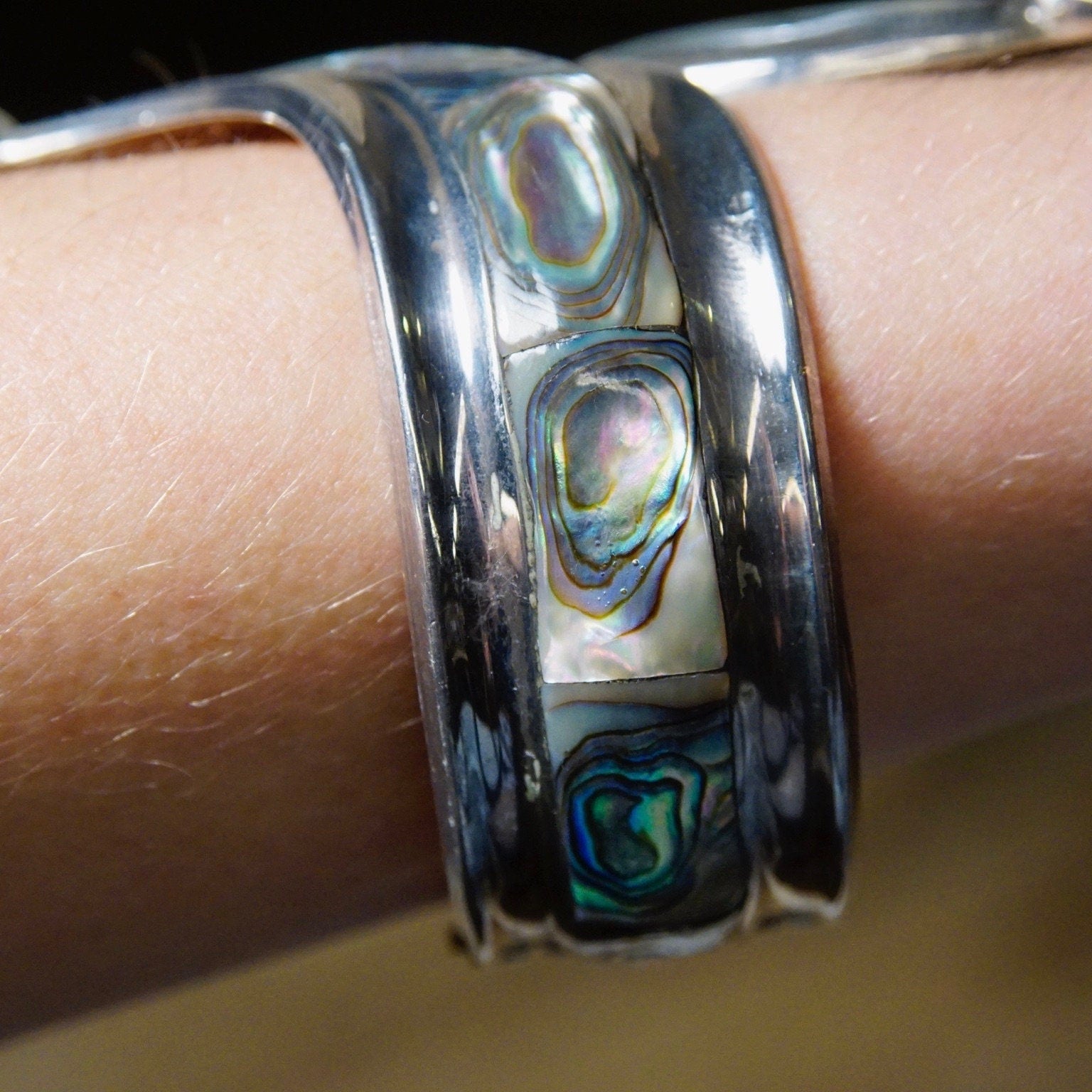 Vintage TAXCO Sterling Silver Abalone Hinge Cuff, Iridescent Shell Inlay Bracelet, Large Ornate Silver Cuff Bracelet, Statement Jewelry
