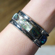 Vintage TAXCO Sterling Silver Abalone Hinge Cuff, Iridescent Shell Inlay Bracelet, Large Ornate Silver Cuff Bracelet, Statement Jewelry