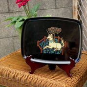 Vintage 1960s Couroc Unicorn Serving Tray, Black Plastic Lacquerware, Brass & Wood Inlay, Medieval Tapestry Design, 12.5 x 9.5