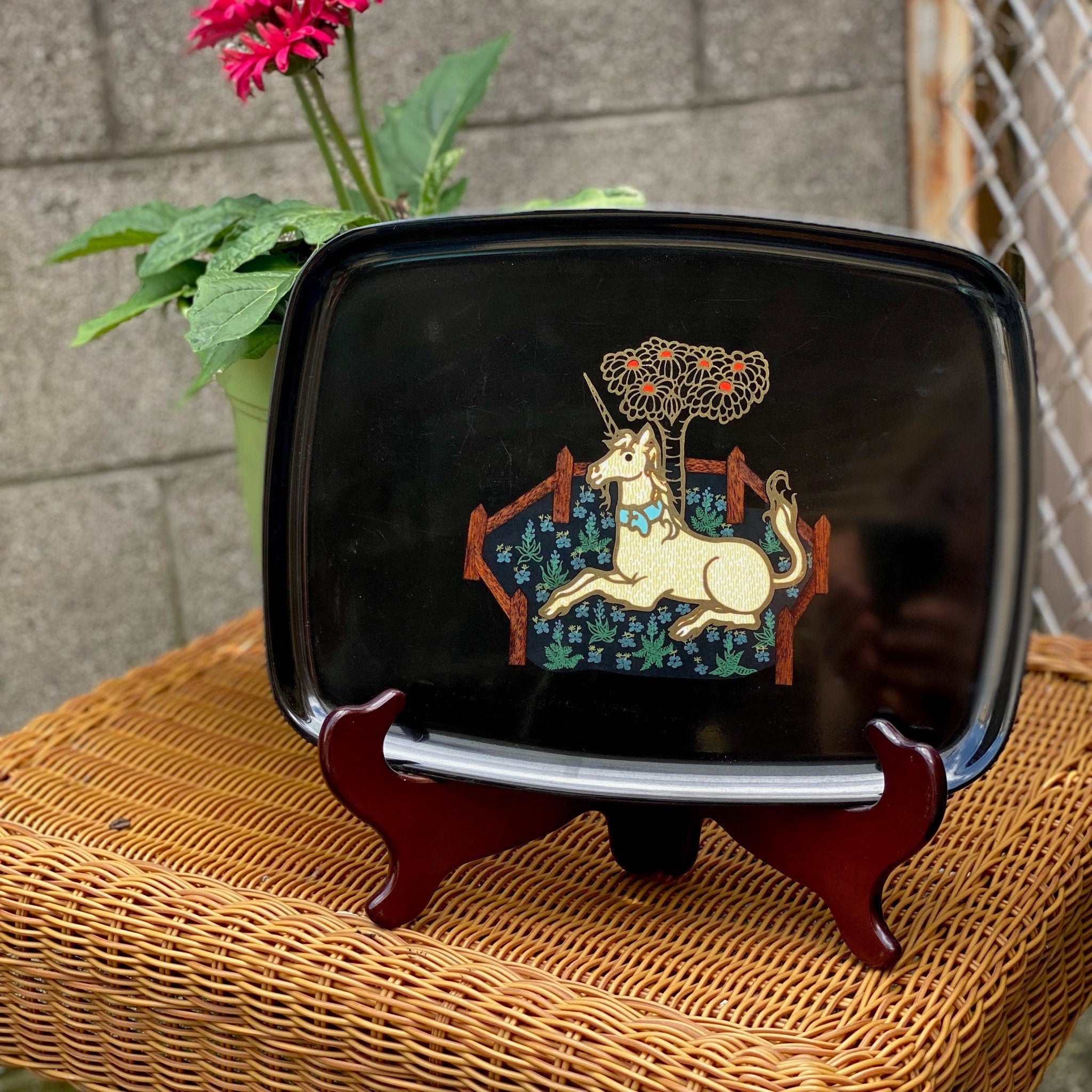 Vintage 1960s Couroc Unicorn Serving Tray, Black Plastic Lacquerware, Brass & Wood Inlay, Medieval Tapestry Design, 12.5 x 9.5