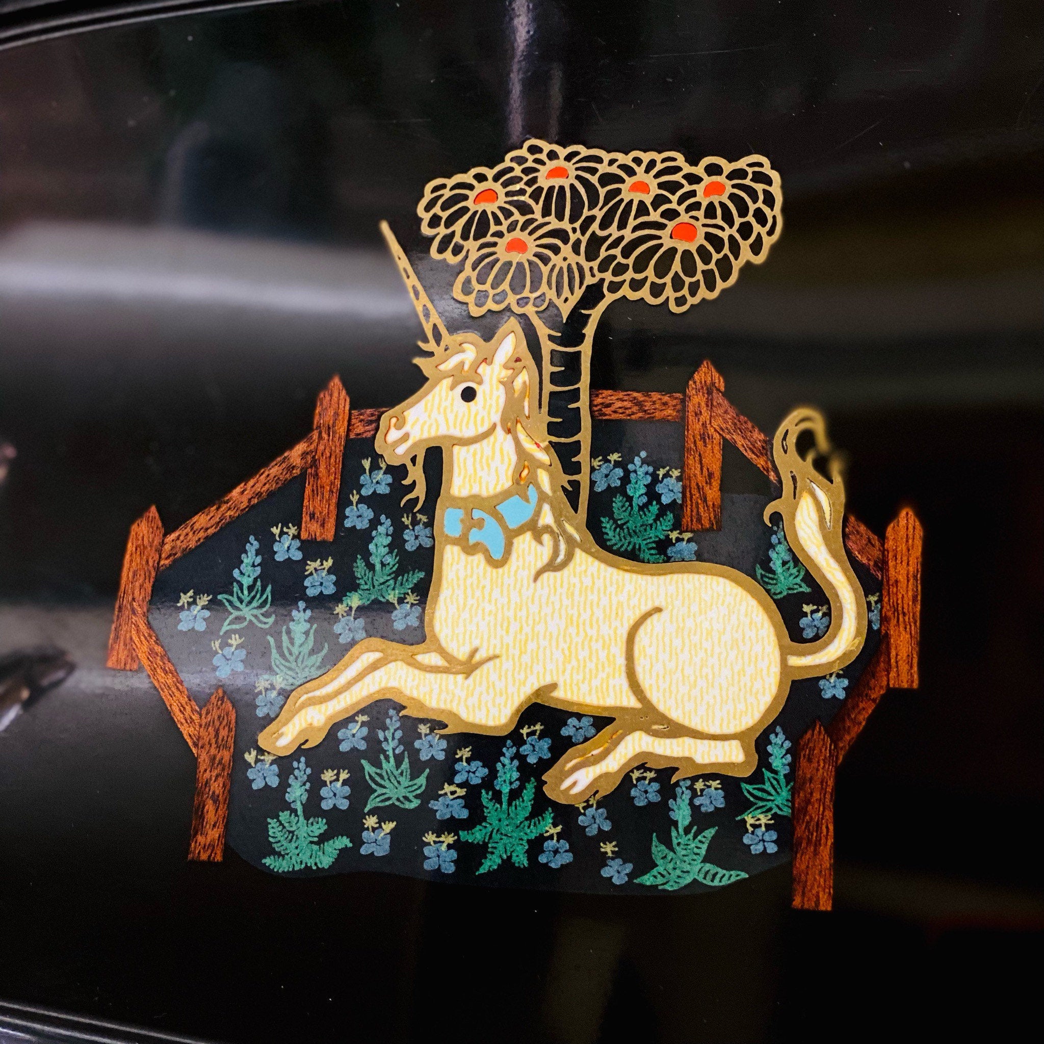 Vintage 1960s Couroc Unicorn Serving Tray, Black Plastic Lacquerware, Brass & Wood Inlay, Medieval Tapestry Design, 12.5 x 9.5