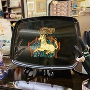 Vintage 1960s Couroc Unicorn Serving Tray, Black Plastic Lacquerware, Brass & Wood Inlay, Medieval Tapestry Design, 12.5 x 9.5