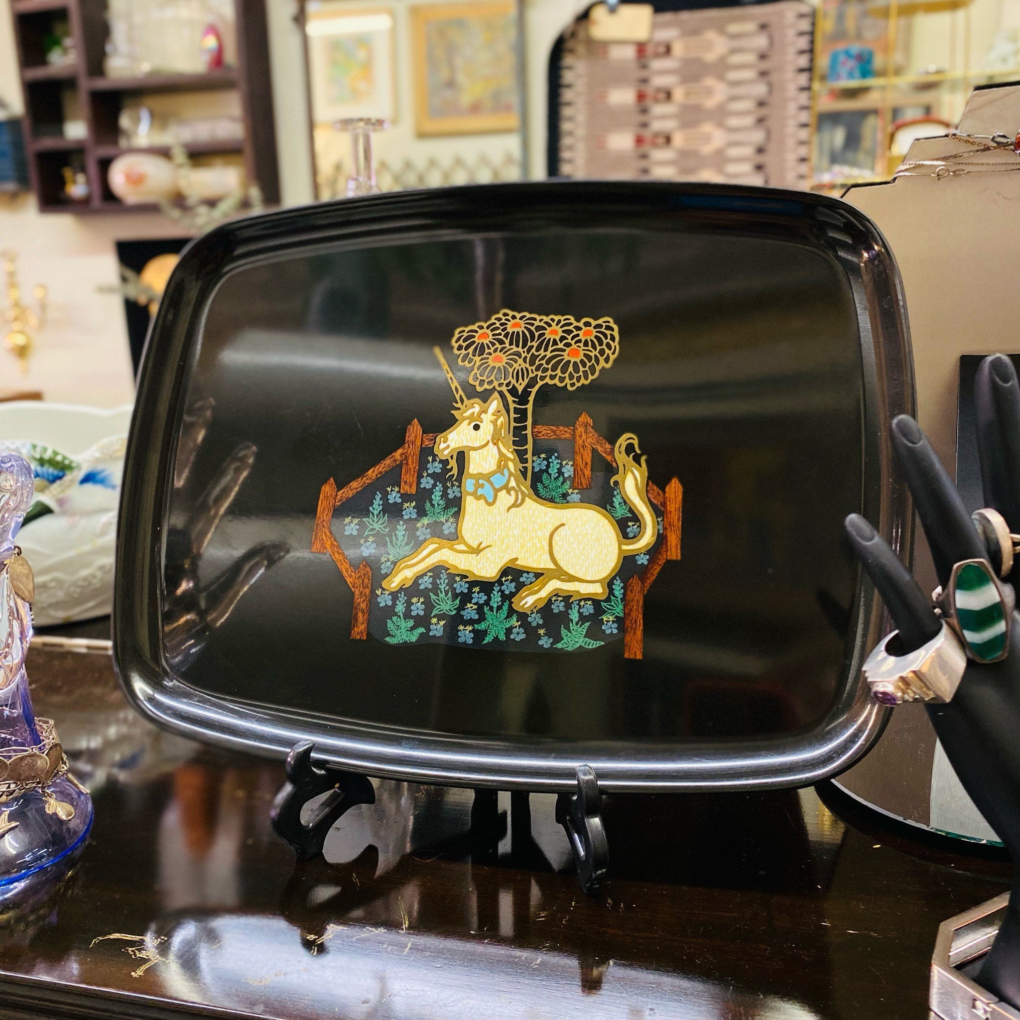 Vintage 1960s Couroc Unicorn Serving Tray, Black Plastic Lacquerware, Brass & Wood Inlay, Medieval Tapestry Design, 12.5 x 9.5