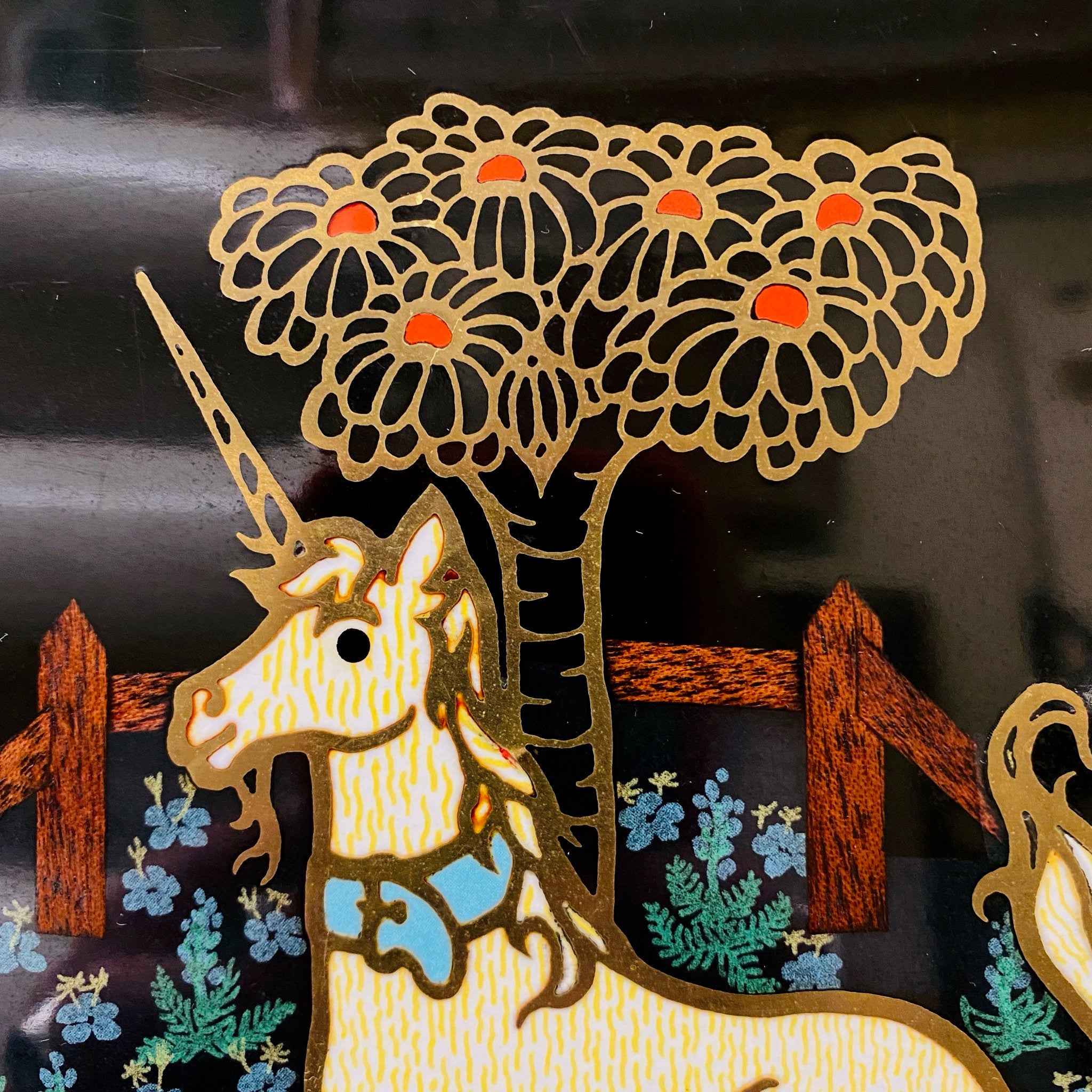 Vintage 1960s Couroc Unicorn Serving Tray, Black Plastic Lacquerware, Brass & Wood Inlay, Medieval Tapestry Design, 12.5 x 9.5