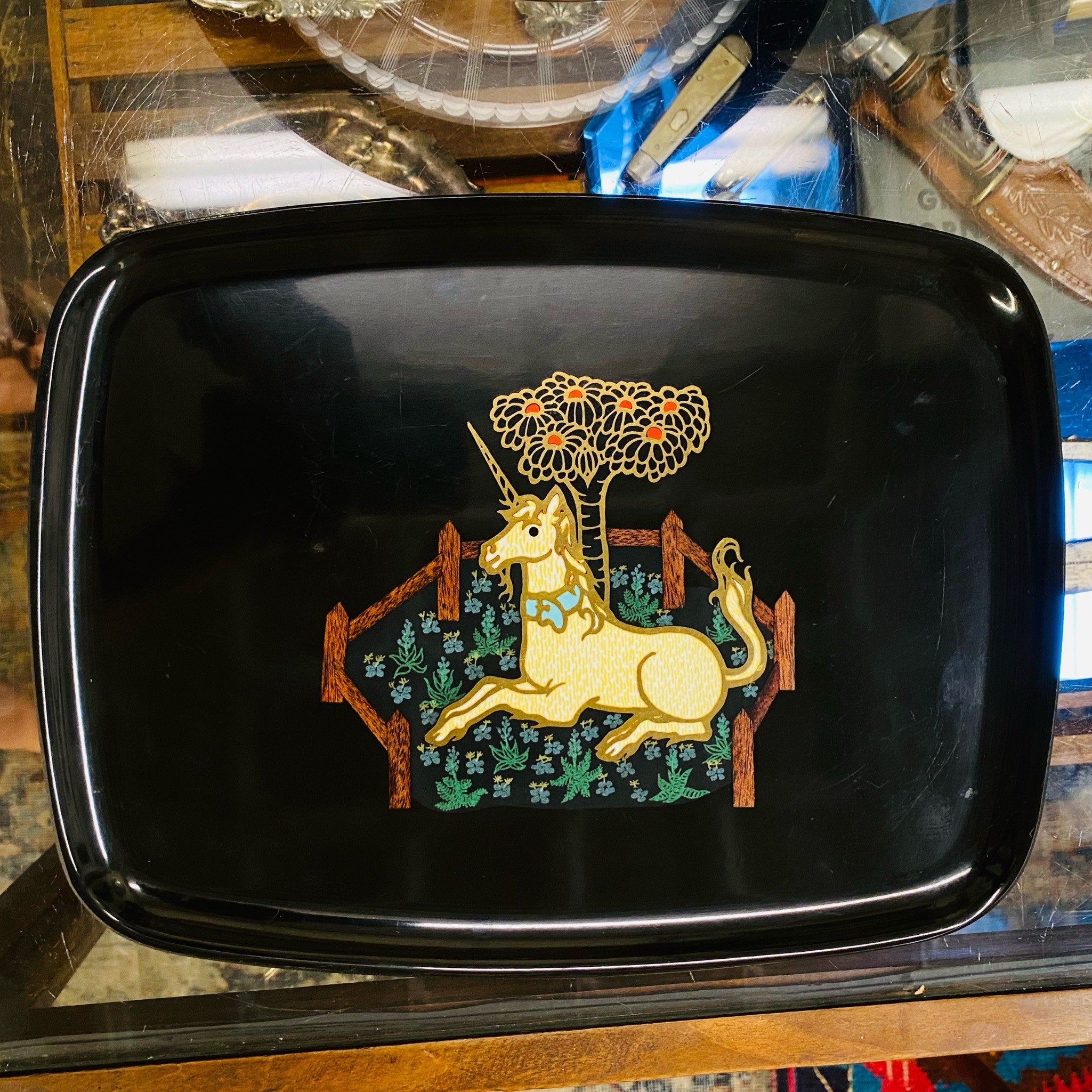 Vintage 1960s Couroc Unicorn Serving Tray, Black Plastic Lacquerware, Brass & Wood Inlay, Medieval Tapestry Design, 12.5 x 9.5