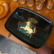 Vintage 1960s Couroc Unicorn Serving Tray, Black Plastic Lacquerware, Brass & Wood Inlay, Medieval Tapestry Design, 12.5 x 9.5