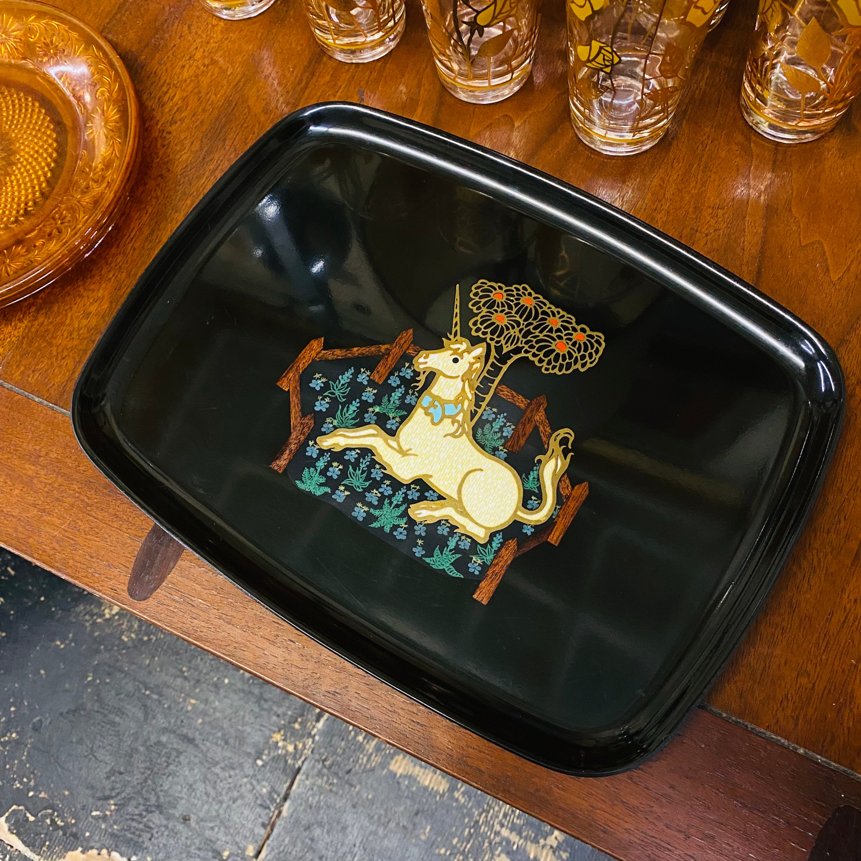 Vintage 1960s Couroc Unicorn Serving Tray, Black Plastic Lacquerware, Brass & Wood Inlay, Medieval Tapestry Design, 12.5 x 9.5