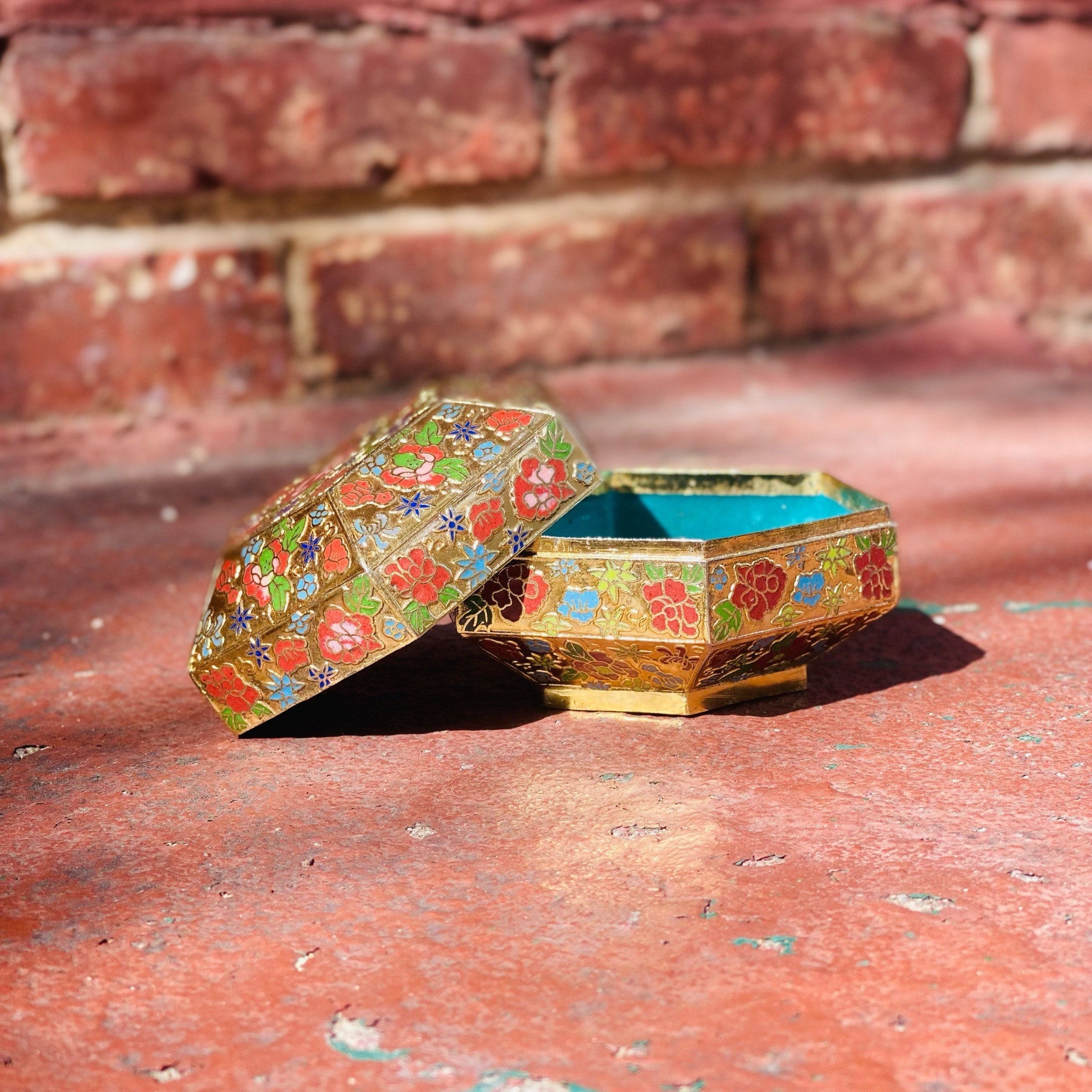 Vintage Chinese Cloisonn Enamel Hexagon Box With Lid, Gold Gilt Metal Catchall, Colorful Flower Designs, Handmade Box, 4 W x 2.5 H