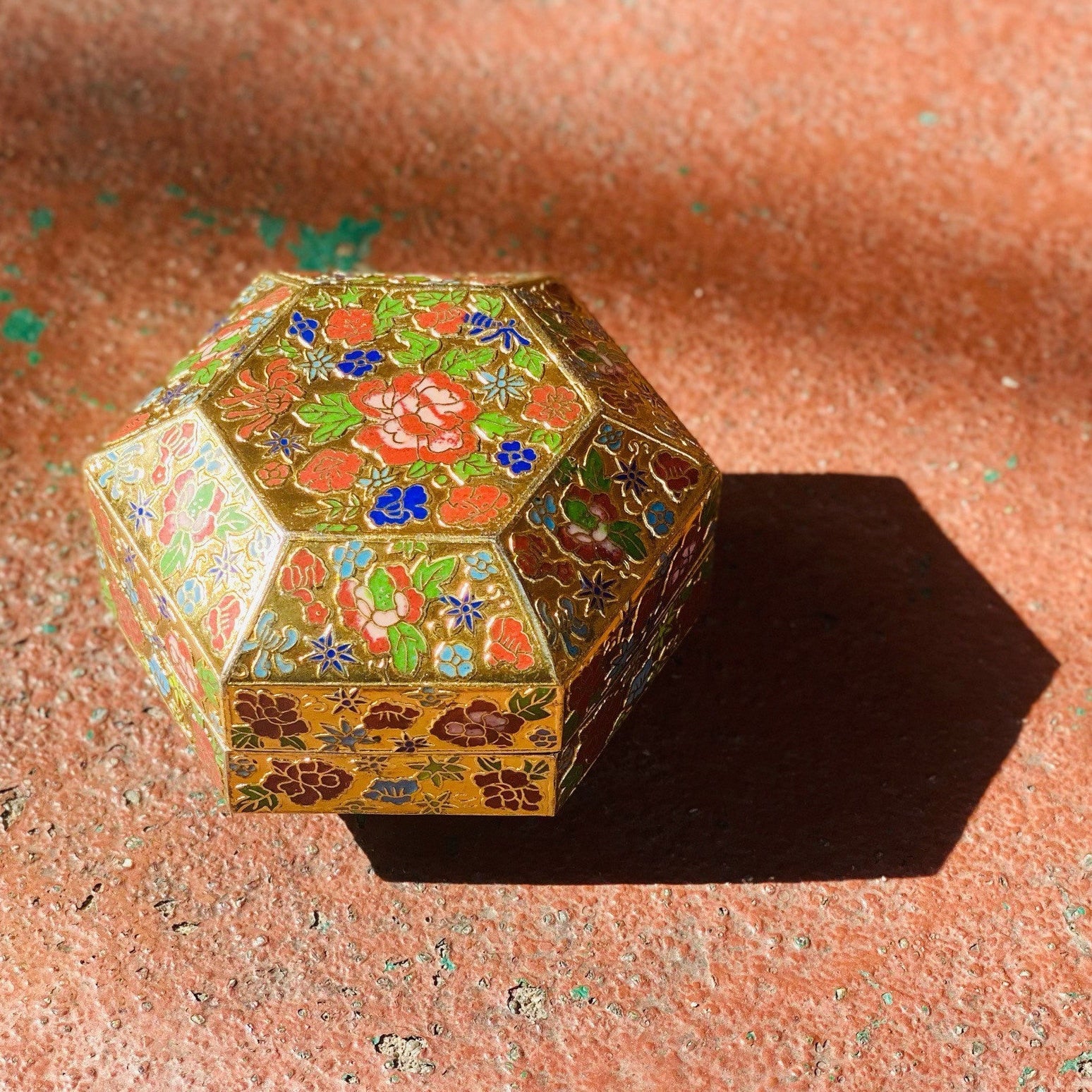 Vintage Chinese Cloisonn Enamel Hexagon Box With Lid, Gold Gilt Metal Catchall, Colorful Flower Designs, Handmade Box, 4 W x 2.5 H