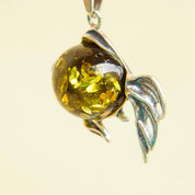 Vintage Sterling Silver Baltic Amber Fish Pendant Necklace, Green Baltic Amber With Beautiful Inclusions, 1.5mm Box Chain, 30" Long Necklace