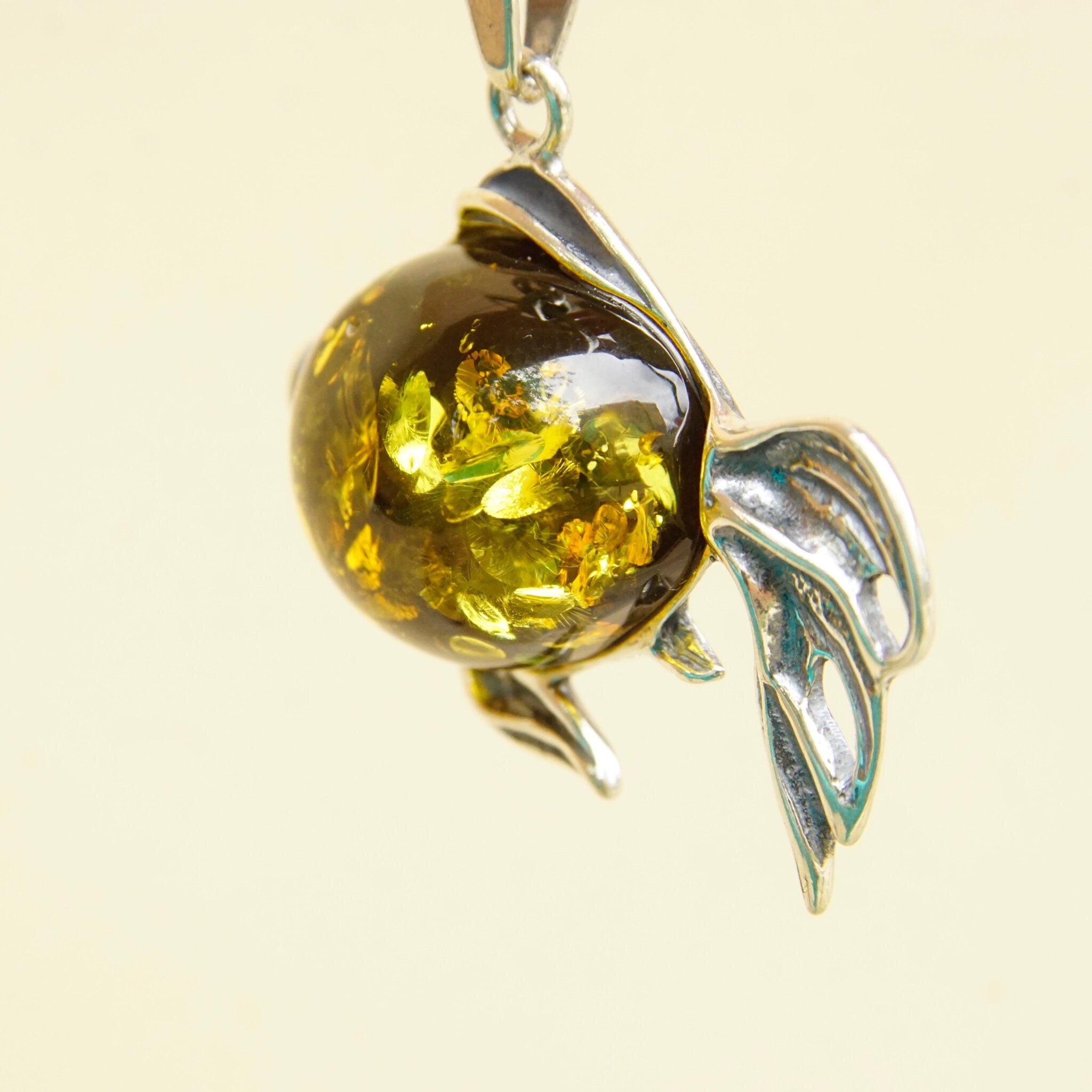 Vintage Sterling Silver Baltic Amber Fish Pendant Necklace, Green Baltic Amber With Beautiful Inclusions, 1.5mm Box Chain, 30" Long Necklace