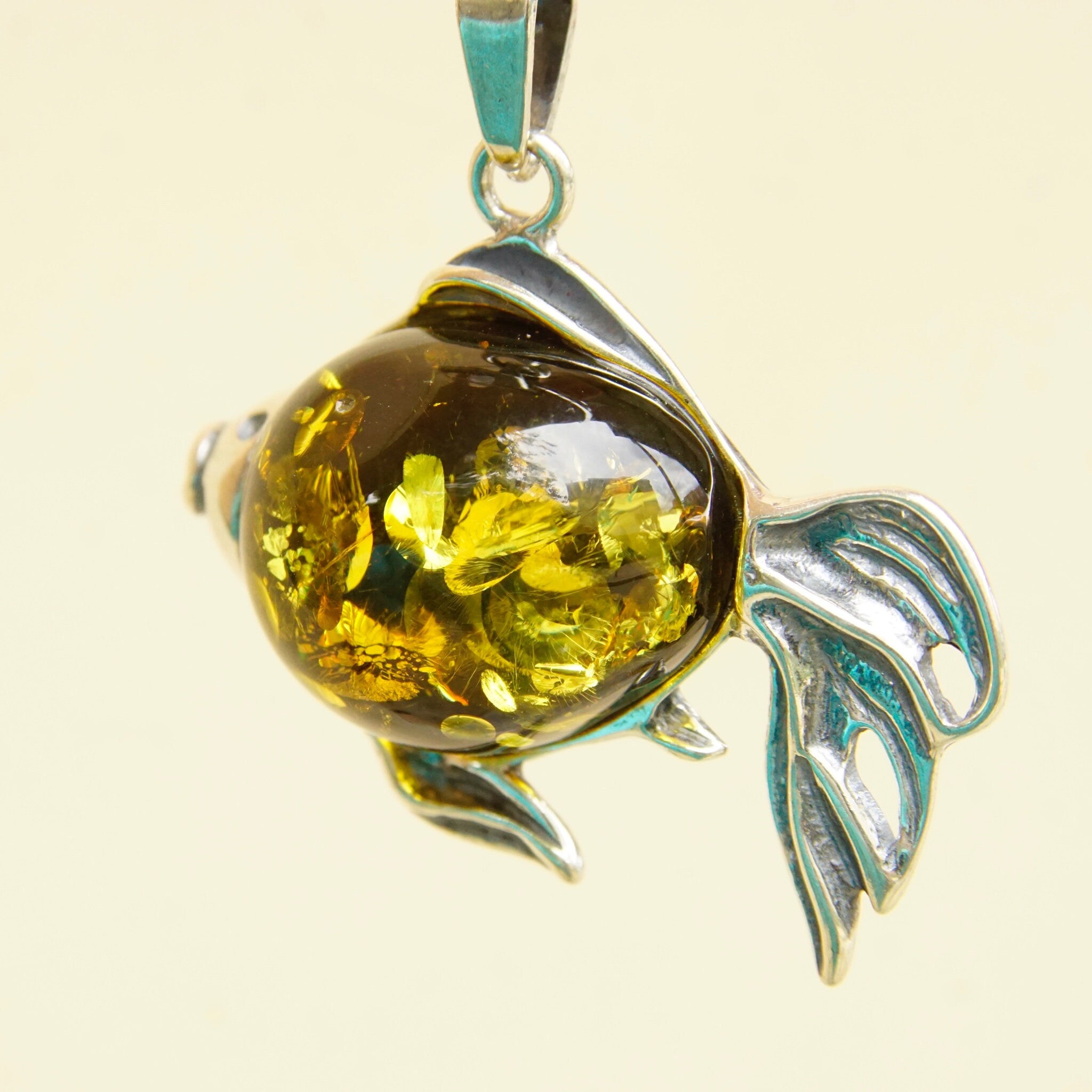 Vintage Sterling Silver Baltic Amber Fish Pendant Necklace, Green Baltic Amber With Beautiful Inclusions, 1.5mm Box Chain, 30" Long Necklace