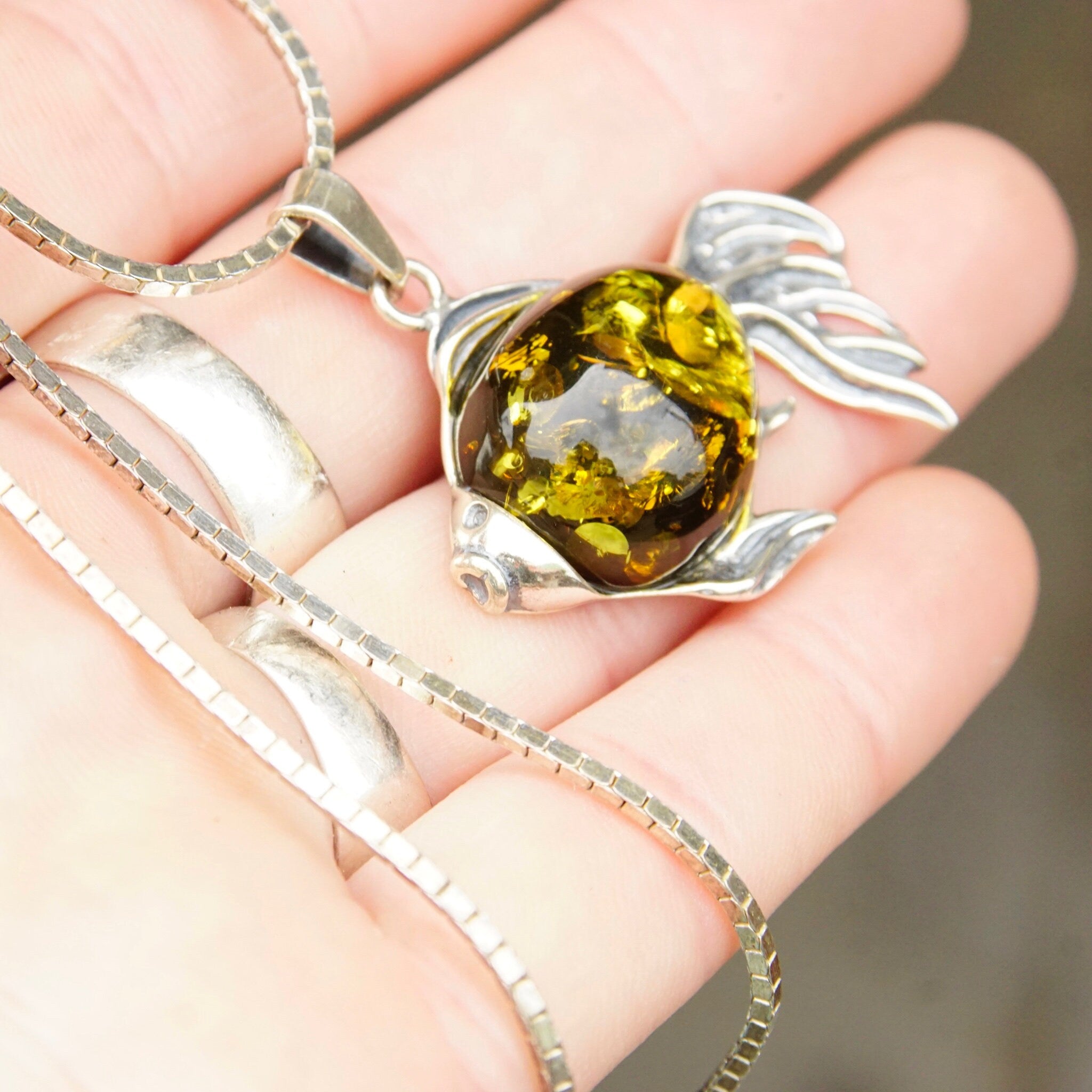 Vintage Sterling Silver Baltic Amber Fish Pendant Necklace, Green Baltic Amber With Beautiful Inclusions, 1.5mm Box Chain, 30" Long Necklace