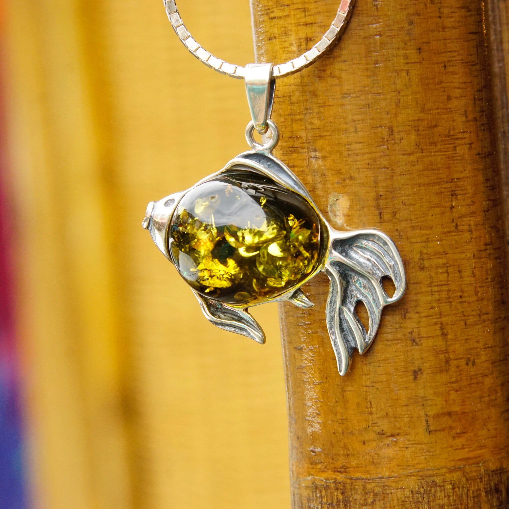 Vintage Sterling Silver Baltic Amber Fish Pendant Necklace, Green Baltic Amber With Beautiful Inclusions, 1.5mm Box Chain, 30" Long Necklace