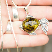 Vintage Sterling Silver Baltic Amber Fish Pendant Necklace, Green Baltic Amber With Beautiful Inclusions, 1.5mm Box Chain, 30" Long Necklace