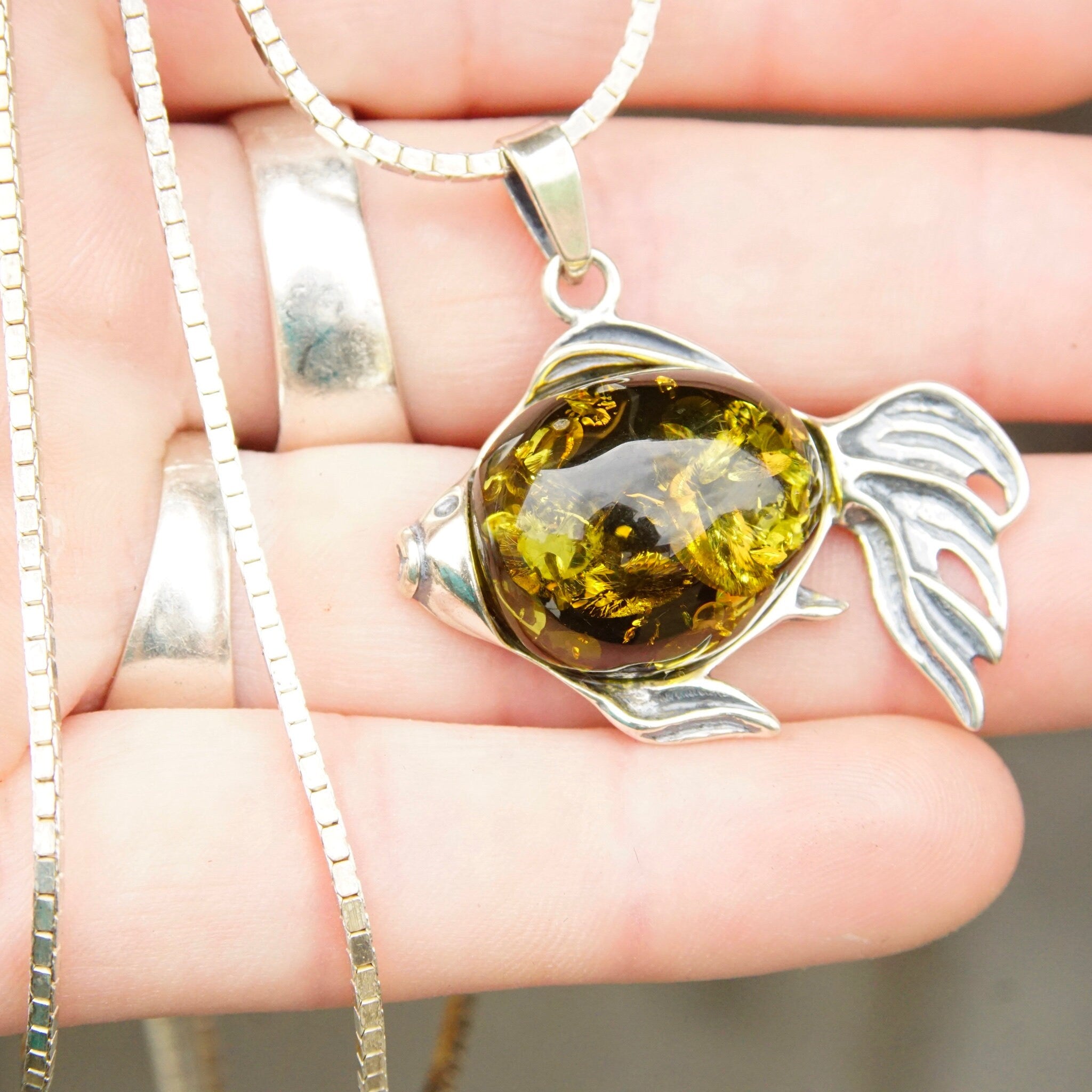 Vintage Sterling Silver Baltic Amber Fish Pendant Necklace, Green Baltic Amber With Beautiful Inclusions, 1.5mm Box Chain, 30" Long Necklace