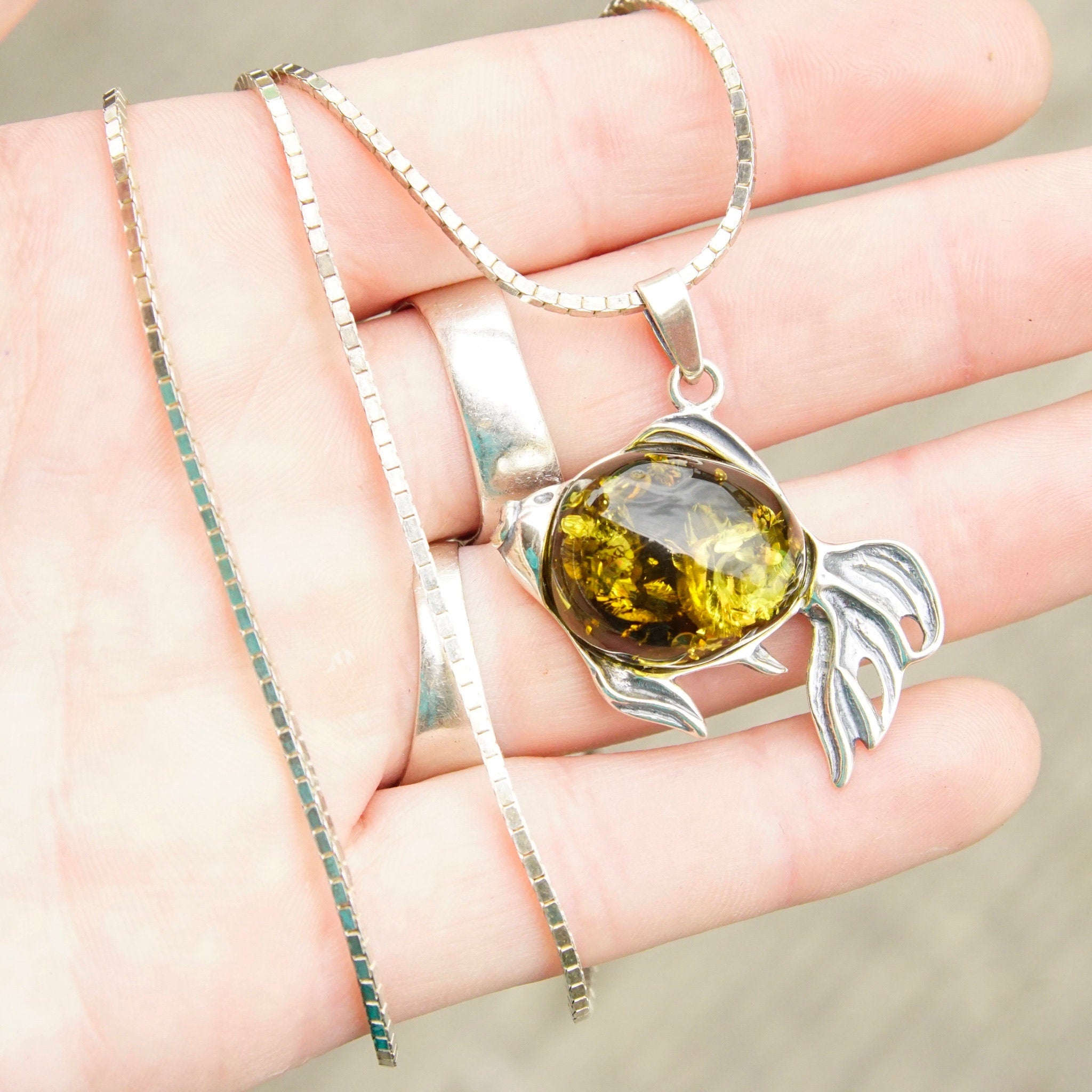 Vintage Sterling Silver Baltic Amber Fish Pendant Necklace, Green Baltic Amber With Beautiful Inclusions, 1.5mm Box Chain, 30" Long Necklace
