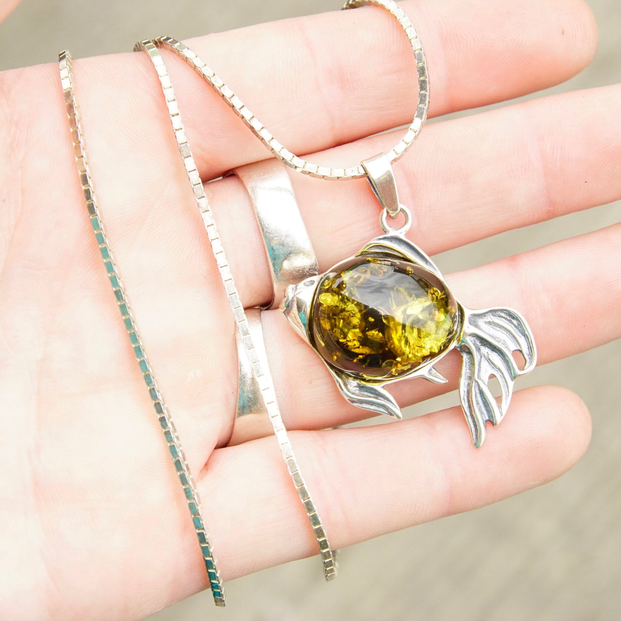 Vintage Sterling Silver Baltic Amber Fish Pendant Necklace, Green Baltic Amber With Beautiful Inclusions, 1.5mm Box Chain, 30" Long Necklace