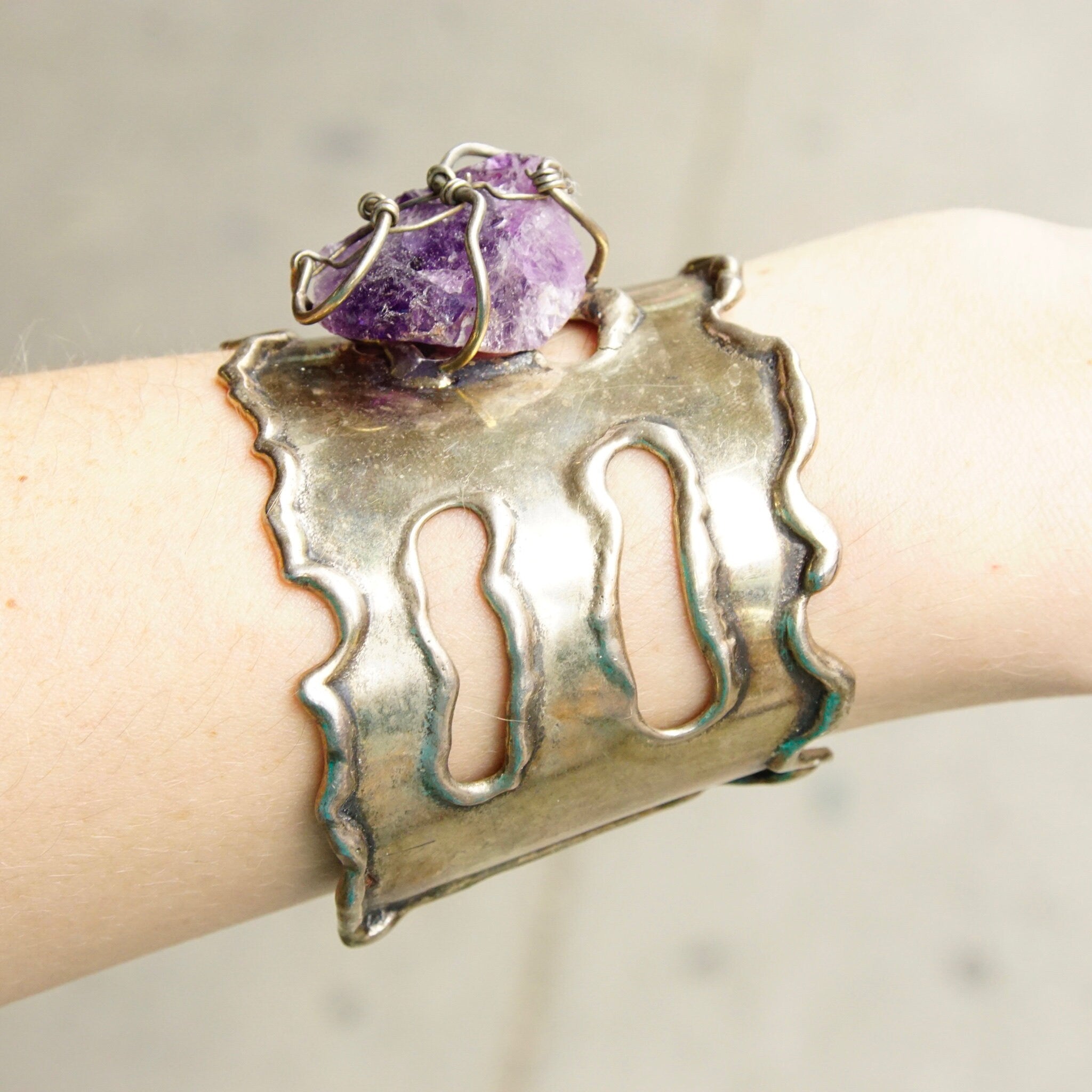Vintage Brutalist Sterling Silver Amethyst Cuff Bracelet, Large Raw Amethyst Stone In Wire Wrapped Setting, Chunky Silver Cuff, Artisan