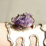 Vintage Brutalist Sterling Silver Amethyst Cuff Bracelet, Large Raw Amethyst Stone In Wire Wrapped Setting, Chunky Silver Cuff, Artisan