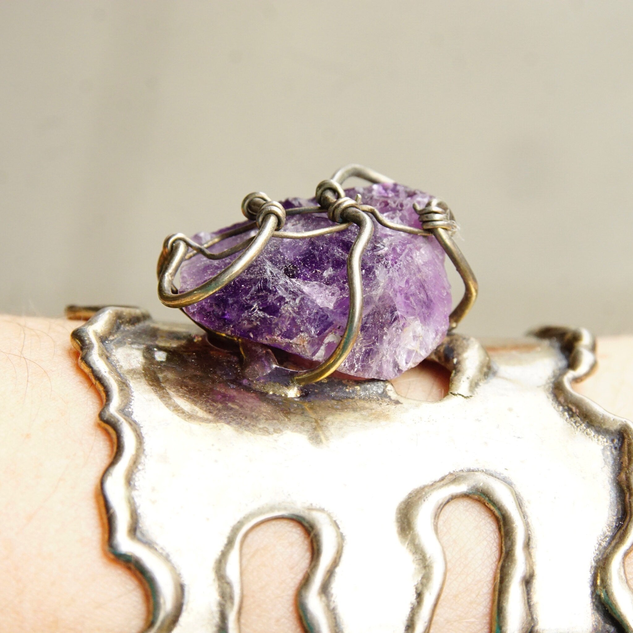 Vintage Brutalist Sterling Silver Amethyst Cuff Bracelet, Large Raw Amethyst Stone In Wire Wrapped Setting, Chunky Silver Cuff, Artisan
