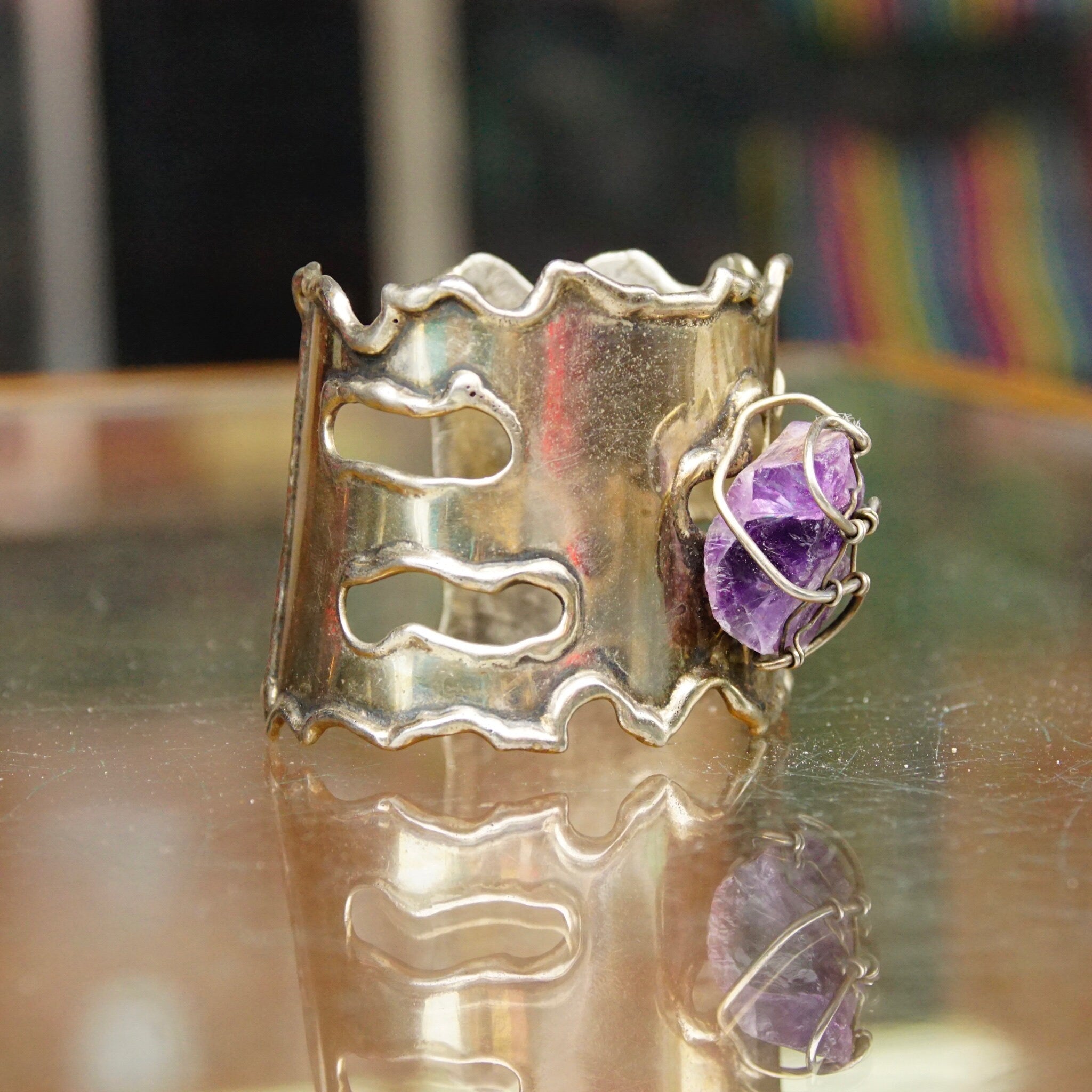 Vintage Brutalist Sterling Silver Amethyst Cuff Bracelet, Large Raw Amethyst Stone In Wire Wrapped Setting, Chunky Silver Cuff, Artisan