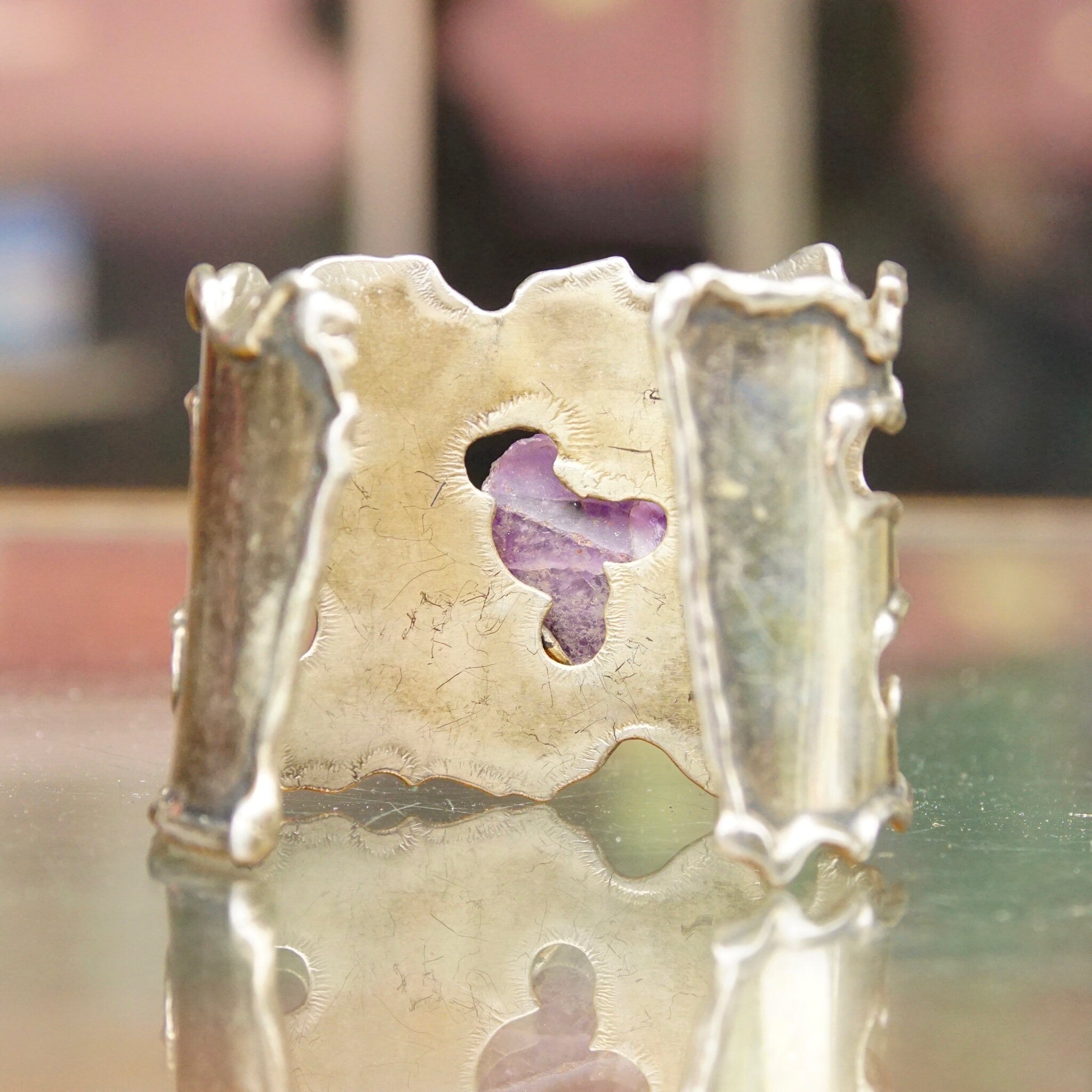 Vintage Brutalist Sterling Silver Amethyst Cuff Bracelet, Large Raw Amethyst Stone In Wire Wrapped Setting, Chunky Silver Cuff, Artisan