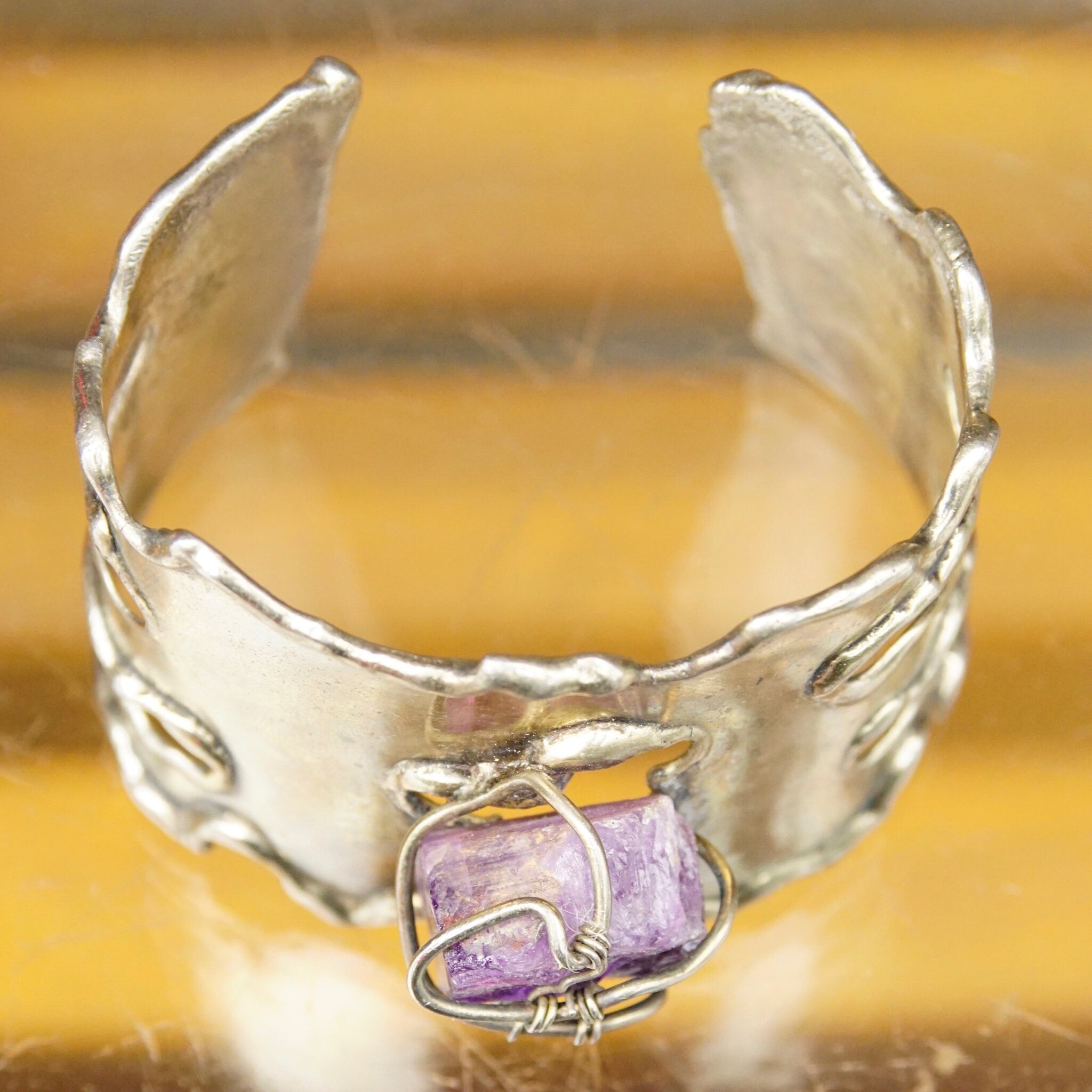 Vintage Brutalist Sterling Silver Amethyst Cuff Bracelet, Large Raw Amethyst Stone In Wire Wrapped Setting, Chunky Silver Cuff, Artisan
